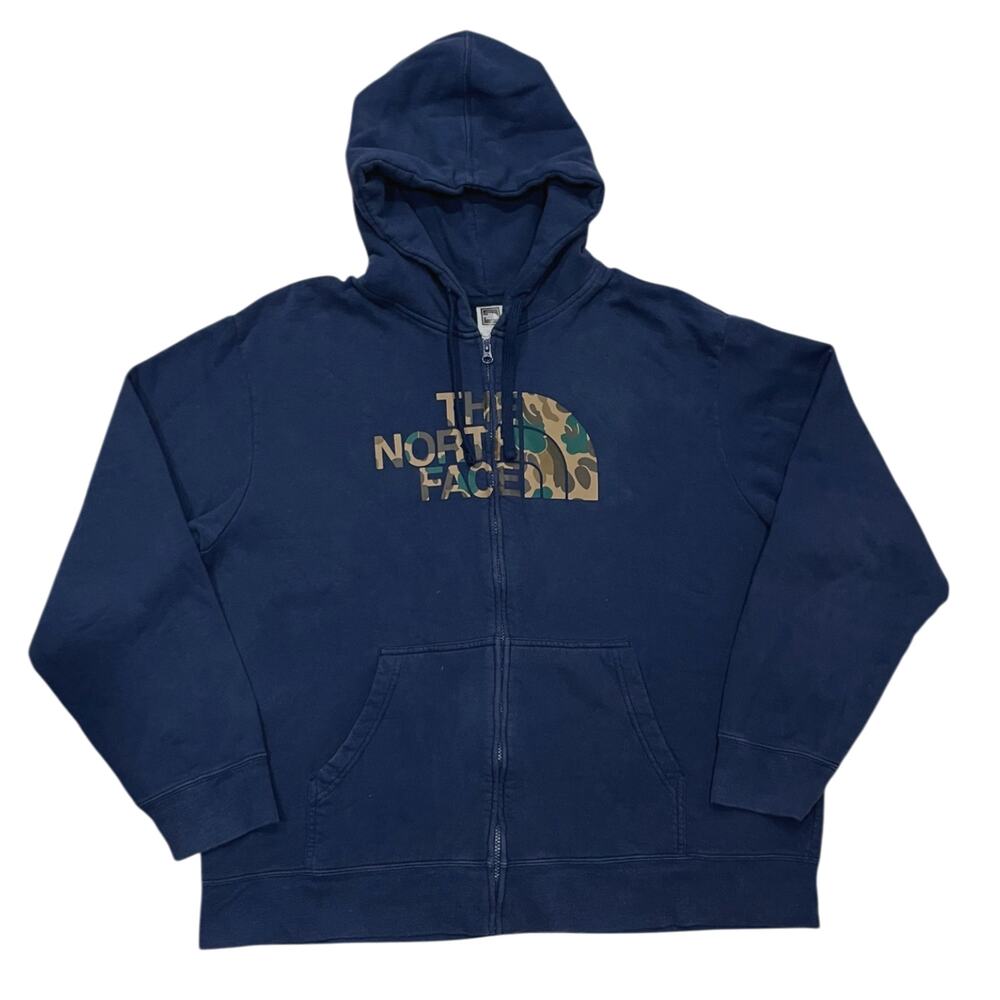 North Face Hoodie Mens XXL Navy Full Zip Fleece Sweatshirt Logo Camo Gorpcore
